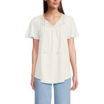 Women's Lands' End Short Sleeve Slub Flutter Sleeve Embellished Top