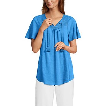 Women's Lands' End Short Sleeve Slub Flutter Sleeve Embellished Top