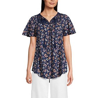 Women's Lands' End Short Sleeve Slub Flutter Sleeve Embellished Top