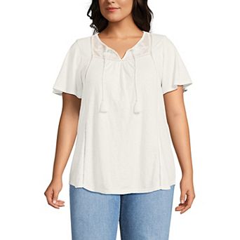 Plus Size Lands' End Short Sleeve Flutter Sleeve Embellished Top