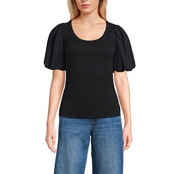 Women's Lands' End Short Sleeve Drapey Rib Puff Sleeve Scoop Neck Top