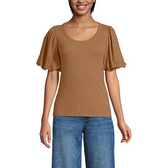 Women's Lands' End Short Sleeve Drapey Rib Puff Sleeve Scoop Neck Top