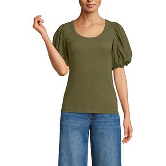 Women's Lands' End Short Sleeve Drapey Rib Puff Sleeve Scoop Neck Top