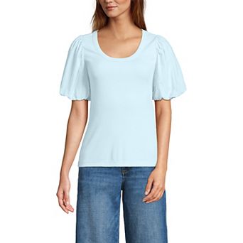 Women's Lands' End Short Sleeve Drapey Rib Puff Sleeve Scoop Neck Top