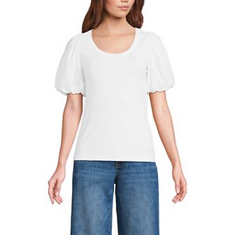 Women's Lands' End Short Sleeve Drapey Rib Puff Sleeve Scoop Neck Top
