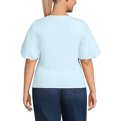 Plus Size Lands' End Short Sleeve Drapey Rib Puff Sleeve Scoop Neck Top