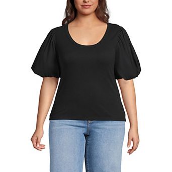 Plus Size Lands' End Short Sleeve Drapey Rib Puff Sleeve Scoop Neck Top