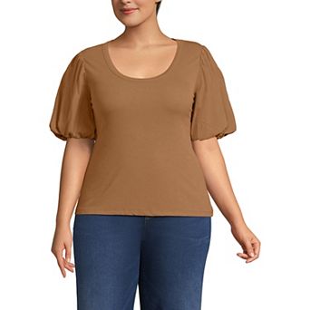 Plus Size Lands' End Short Sleeve Drapey Rib Puff Sleeve Scoop Neck Top