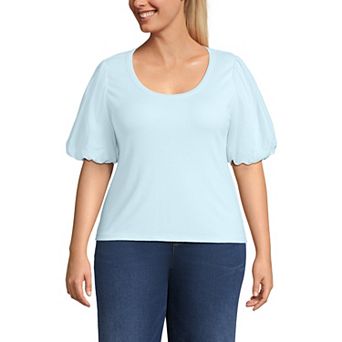 Plus Size Lands' End Short Sleeve Drapey Rib Puff Sleeve Scoop Neck Top