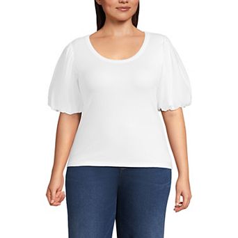 Plus Size Lands' End Short Sleeve Drapey Rib Puff Sleeve Scoop Neck Top