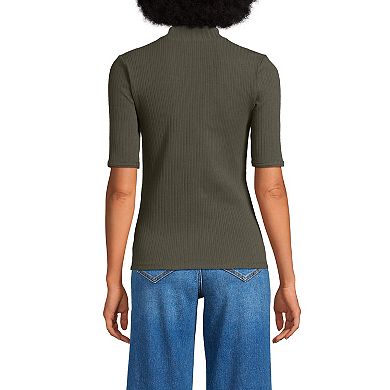 Women's Lands' End Elbow Sleeve Pointelle Rib Mock Neck Top