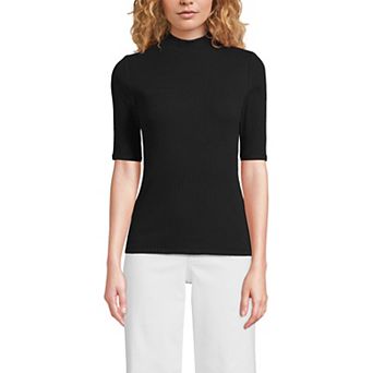 Women's Lands' End Elbow Sleeve Pointelle Rib Mock Neck Top