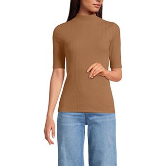 Women's Lands' End Elbow Sleeve Pointelle Rib Mock Neck Top