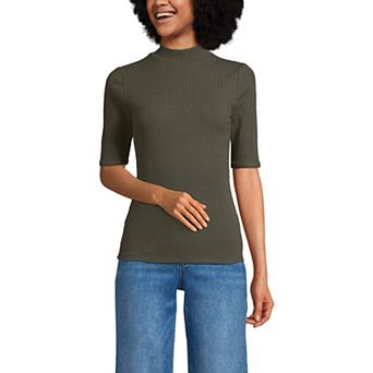 Women's Lands' End Elbow Sleeve Pointelle Rib Mock Neck Top