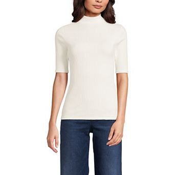 Women's Lands' End Elbow Sleeve Pointelle Rib Mock Neck Top