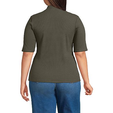 Plus Size Lands' End Elbow Sleeve Pointelle Rib Mock Neck Top
