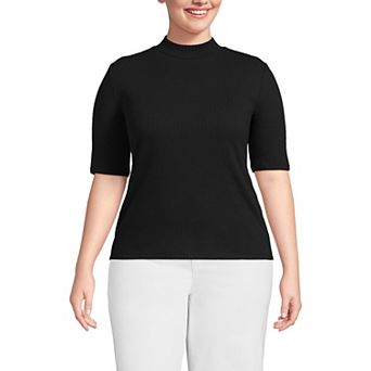 Plus Size Lands' End Elbow Sleeve Pointelle Rib Mock Neck Top