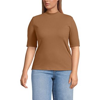 Plus Size Lands' End Elbow Sleeve Pointelle Rib Mock Neck Top