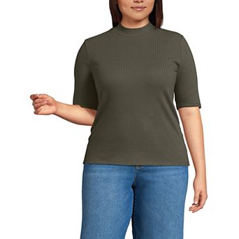 Plus Size Lands' End Elbow Sleeve Pointelle Rib Mock Neck Top