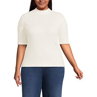 Plus Size Lands' End Elbow Sleeve Pointelle Rib Mock Neck Top