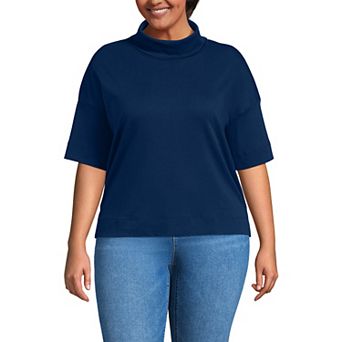 Plus Size Lands' End Elbow Sleeve Supima Cotton Relaxed Turtleneck