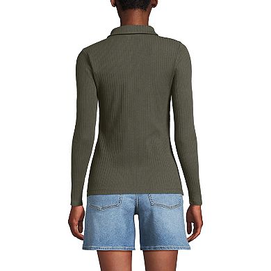 Women's Lands' End Long Sleeve Pointelle Rib Keyhole Polo Top