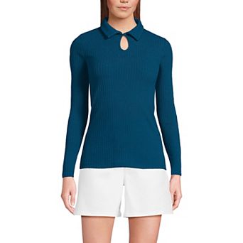 Women's Lands' End Long Sleeve Pointelle Rib Keyhole Polo Top