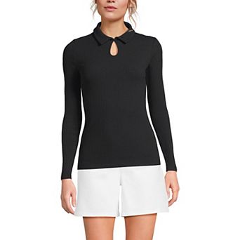 Women's Lands' End Long Sleeve Pointelle Rib Keyhole Polo Top