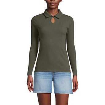 Women's Lands' End Long Sleeve Pointelle Rib Keyhole Polo Top
