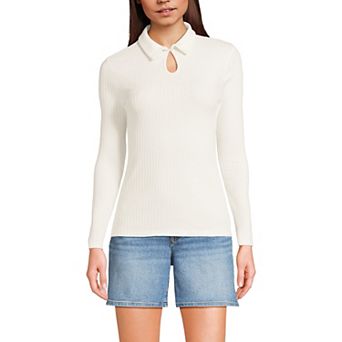 Women's Lands' End Long Sleeve Pointelle Rib Keyhole Polo Top