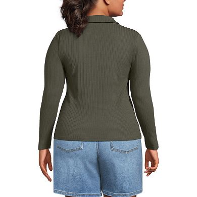 Plus Size Lands' End Long Sleeve Pointelle Rib Keyhole Polo Top
