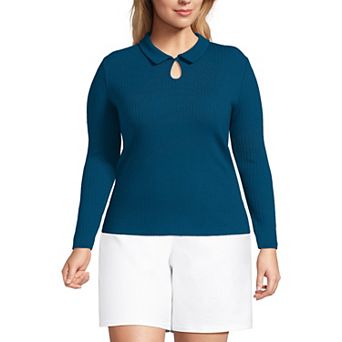 Plus Size Lands' End Long Sleeve Pointelle Rib Keyhole Polo Top