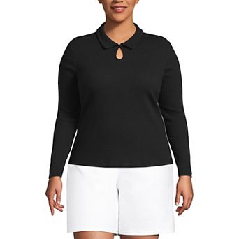 Plus Size Lands' End Long Sleeve Pointelle Rib Keyhole Polo Top