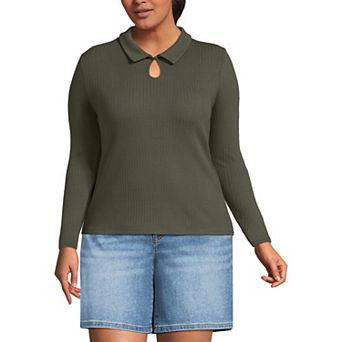 Plus Size Lands' End Long Sleeve Pointelle Rib Keyhole Polo Top