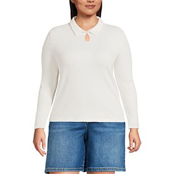 Plus Size Lands' End Long Sleeve Pointelle Rib Keyhole Polo Top