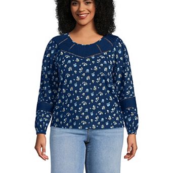 Women's Lands' End Long Sleeve Crew Neck Pintuck Mix Top