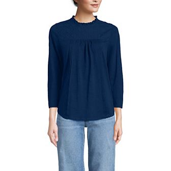 Women's Lands' End 3/4 Sleeve Cotton Slub Lace Trim Top