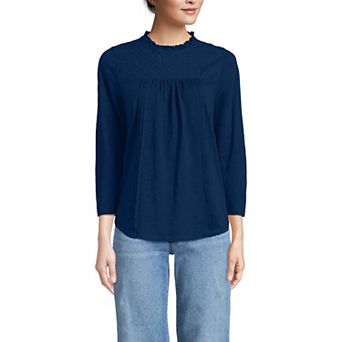 Women's Lands' End 3/4 Sleeve Cotton Slub Lace Trim Top
