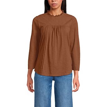 Women's Lands' End 3/4 Sleeve Cotton Slub Lace Trim Top