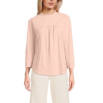 Women's Lands' End 3/4 Sleeve Cotton Slub Lace Trim Top