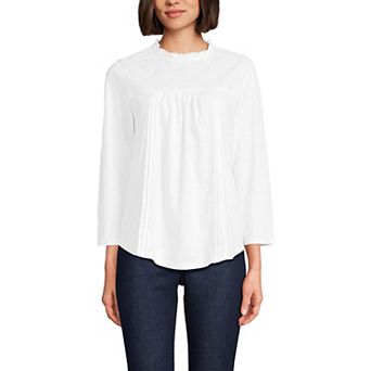 Women's Lands' End 3/4 Sleeve Cotton Slub Lace Trim Top