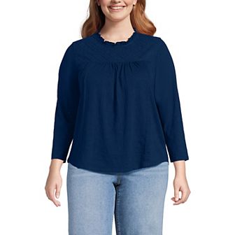 Plus Size Lands' End 3/4 Sleeve Cotton Slub Lace Trim Top