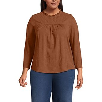 Plus Size Lands' End 3/4 Sleeve Cotton Slub Lace Trim Top