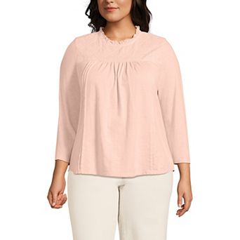 Plus Size Lands' End 3/4 Sleeve Cotton Slub Lace Trim Top