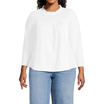 Plus Size Lands' End 3/4 Sleeve Cotton Slub Lace Trim Top