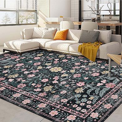 Retro Mottled Flowers Living Room Area Rug Boho Non-Shedding Easy Care Ideal Bedroom Carpet