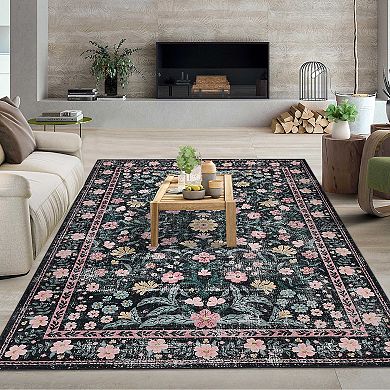Retro Mottled Flowers Living Room Area Rug Boho Non-Shedding Easy Care Ideal Bedroom Carpet