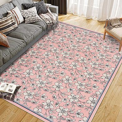 Bedroom Living Room Floral Area Rugs Boho Style Washable Low Pile Non Slip Nursery Indoor Carpet