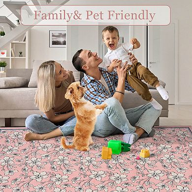 Bedroom Living Room Floral Area Rugs Boho Style Washable Low Pile Non Slip Nursery Indoor Carpet