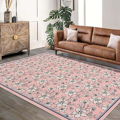 Bedroom Living Room Floral Area Rugs Boho Style Washable Low Pile Non Slip Nursery Indoor Carpet